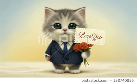 Cute gray kitten in a suit holding flowers and a sign expressing love against a soft background 128740836