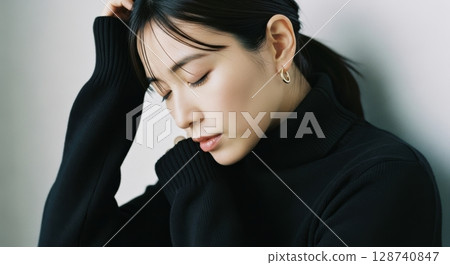 Portrait photo of a black turtleneck woman by the window Portrait photo of a black turtleneck woman by the window 128740847