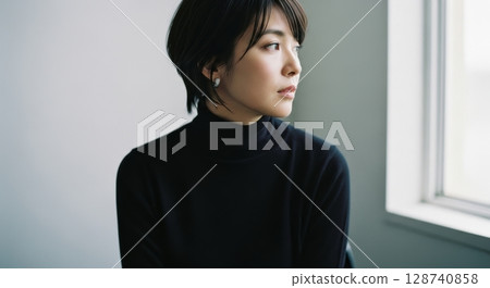 窗邊一位穿著黑色高領毛衣的女子的肖像照片 128740858