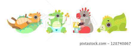 Cute Dinosaur Baby and Cub with Pretty Snout Vector Set Cute Dinosaur Baby and Cub with Pretty Snout Vector Set 128740867