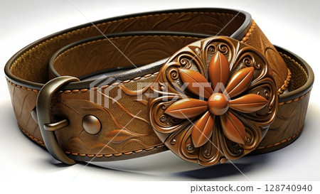 Crafted leather belt with intricate floral design and vivid orange accents, showcasing unique artistry and craftsmanship 128740940