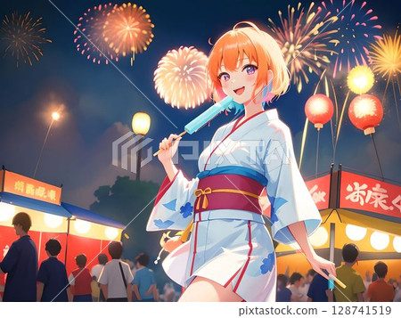 Illustration of a woman wearing a yukata at a summer festival and eating ice cream while watching fireworks 2 Illustration of a woman wearing a yukata at a summer festival and eating ice cream while watching fireworks 2 128741519