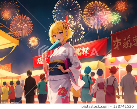 An illustration of a woman wearing a yukata at a summer festival and eating ice cream while watching fireworks An illustration of a woman wearing a yukata at a summer festival and eating ice cream while watching fireworks 128741520