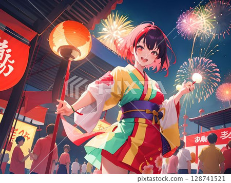 圖：一位身穿浴衣、微笑、在夏日祭典上欣賞煙火的女士 128741521
