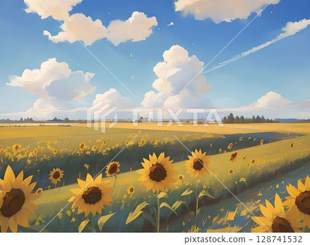 Memories of summer vacation, a landscape illustration of a sunflower field and a blue sky with contrails 128741532