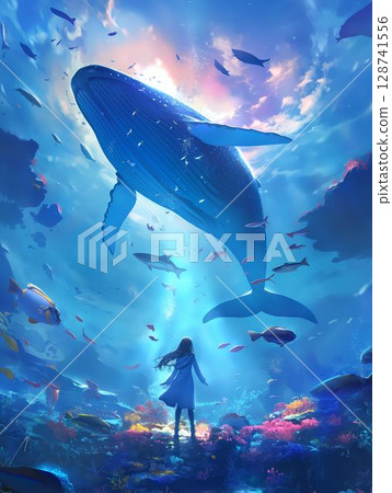 少女與天空中游動的鯨魚相遇的海底世界的奇幻插畫 128741556