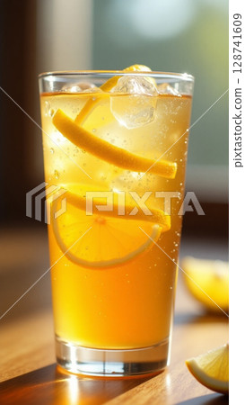 Refreshing Iced Lemon Tea with Sliced Citrus and Condensation in a Sunlit Glass 128741609