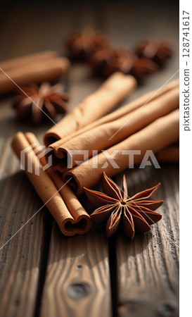 Macro Close-up of Cinnamon Sticks and Star Anise on Rustic Wood 128741617