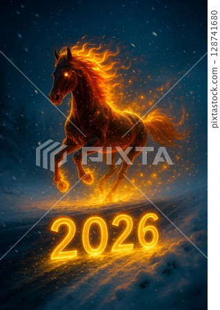Majestic horse with fiery mane and glowing eyes gallops through a snowy night landscape, illuminating the path with golden sparks and glowing 2026 numbers beneath its hooves. Ideal for Chinese Year of 128741680