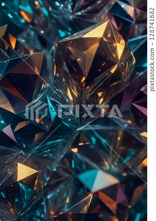 Macro close-up of abstract 3D crystal structures with multifaceted geometry and reflective surfaces. The image features sharp triangular facets, warm and cool light reflections in golden, blue, and Macro close-up of abstract 3D crystal structures with multifaceted geometry and reflective surfaces. The image features sharp triangular facets, warm and cool light reflections in golden, blue, and 128741682