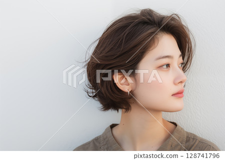 Portrait of a young Japanese woman with short hair looking to the side in front of a white wall 128741796