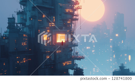 未來城市的夢幻風景與站在夕陽下的人 128741800