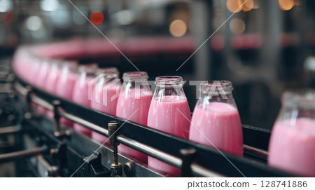 Automated strawberry milk bottling line in modern factory with pink beverage bottles on conveyor 128741886