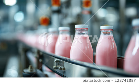 Row of glass bottles filled with pink milk moves along automated bottling line in modern factory setting 128741887