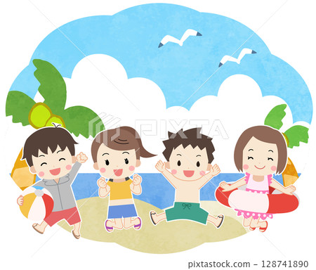Illustration of kids jumping in the sea Illustration of kids jumping in the sea 128741890