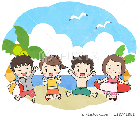 Illustration of kids jumping in the sea 128741891