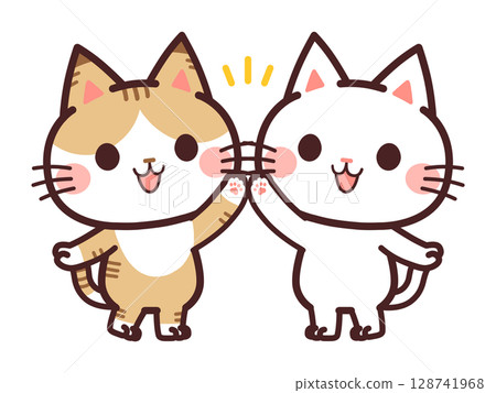兩隻可愛的貓咪角色擊掌插畫素材 128741968