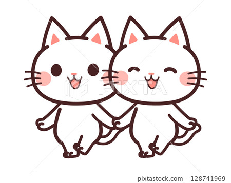 兩隻可愛的貓咪角色散步插畫素材 128741969