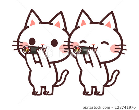 兩個可愛的貓咪角色吃惠方捲插畫素材 兩個可愛的貓咪角色吃惠方捲插畫素材 128741970