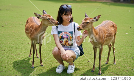 Female tourist and deer 128741990