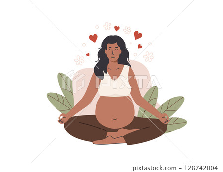 Pregnant woman practicing prenatal yoga in lotus pose for birth preparation and relaxation. Natural birth and positive birth experience. Flat Style Vector Illustration isolated on white background. Pregnant woman practicing prenatal yoga in lotus pose for birth preparation and relaxation. Natural birth and positive birth experience. Flat Style Vector Illustration isolated on white background. 128742004