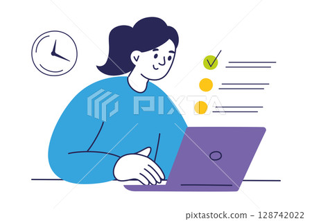 Flat cartoon vector illustration of girl sitting at laptop with task list or test on screen. Student taking exam, woman managing work tasks. Education, productivity, remote work, time management 128742022
