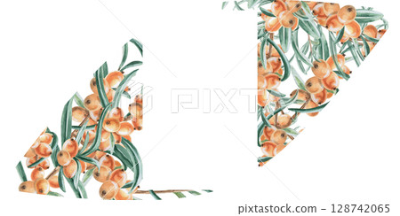 Rectangular frame made of branches of ripe juicy sea buckthorn. Isolated watercolor illustration for photo frames, tea menu, signs, postcards, drink labels, poster printing. Rectangular frame made of branches of ripe juicy sea buckthorn. Isolated watercolor illustration for photo frames, tea menu, signs, postcards, drink labels, poster printing. 128742065