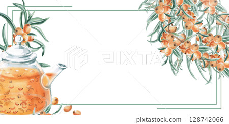 Rectangular frame of sea buckthorn branches and teapot with sea buckthorn-ginger tea. Isolated watercolor illustration for tea menu design, signs, postcards, drink labels, poster printing. Rectangular frame of sea buckthorn branches and teapot with sea buckthorn-ginger tea. Isolated watercolor illustration for tea menu design, signs, postcards, drink labels, poster printing. 128742066