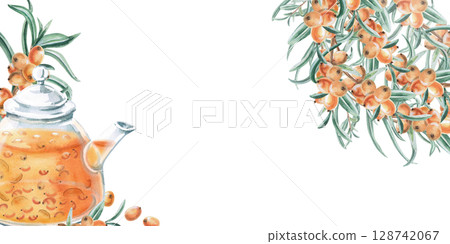 Rectangular frame of sea buckthorn branches and teapot with sea buckthorn tea. Isolated watercolor illustration for tea menu design, signs, postcards, drink labels, poster printing. Rectangular frame of sea buckthorn branches and teapot with sea buckthorn tea. Isolated watercolor illustration for tea menu design, signs, postcards, drink labels, poster printing. 128742067