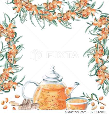 Square frame of sea buckthorn branches and teapot with sea buckthorn tea. Isolated watercolor illustration for tea menu design, signs, postcards, drink labels, poster printing. 128742068