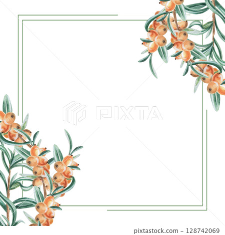 Square frame with corner elements of sea buckthorn branches. Isolated watercolor illustration for tea menu design, postcards, signs, coffee shop design, poster printing, calendars. 128742069