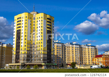 Colorful tall highrise buildings in the residential district Brest Belarus. 128742114