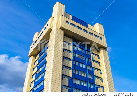 Colorful tall highrise buildings in the residential district Brest Belarus. 128742115