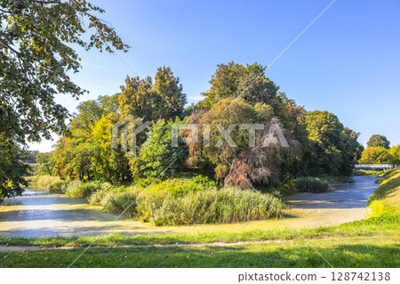 Beautiful river nature bridge and blue sky Brest Fortress Belarus. 128742138
