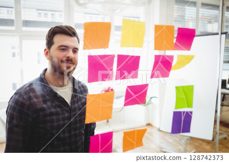 Young man studying multicolored sticky notes on glass partition in modern office, copy space Young man studying multicolored sticky notes on glass partition in modern office, copy space 128742373