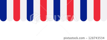 Seamless awning tent header in french style. Red, blue and white striped shop awning. Market canopy tent. Sun shade roof. Cafe awning. Shop striped canopy. Kiosk window border.  128743534