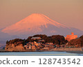 Morning in Shonan: Mount Fuji and the Enoshima Electric Railway in the morning sun, Shichirigahama 128743542