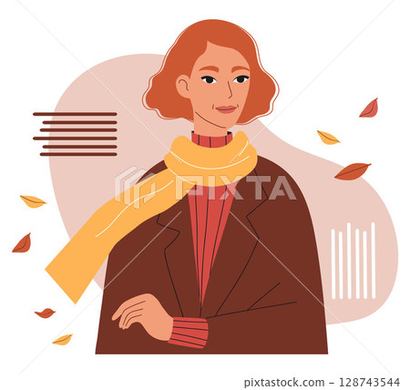 Pretty Red-haired Woman in Scarf with Autumn Leaves. Cute Female Autumnal Portrait. Vector illustration 128743544