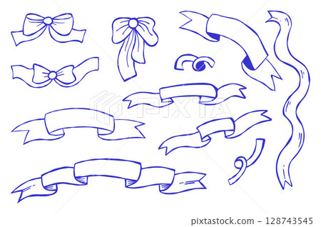 Blue flirtatious Bow, Ribbon banners Doodle collection. Isolated hand drawn of different curved label ribbons. Vector illustration Blue flirtatious Bow, Ribbon banners Doodle collection. Isolated hand drawn of different curved label ribbons. Vector illustration 128743545