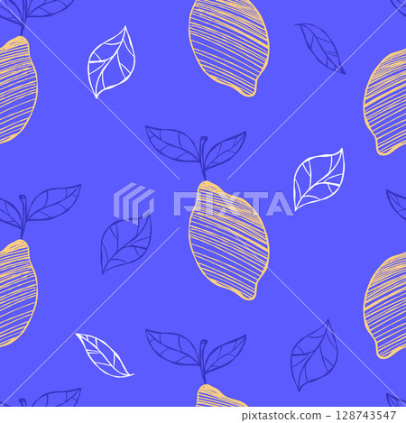 la dolce vita. Seamless pattern with yellow lemons on blue background. Mediterranean aesthetics. Vintage minimal backdrop. Citrus tropical whimsical fruits in Hand drawn sketch. Not AI la dolce vita. Seamless pattern with yellow lemons on blue background. Mediterranean aesthetics. Vintage minimal backdrop. Citrus tropical whimsical fruits in Hand drawn sketch. Not AI 128743547