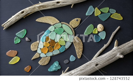 Colorful sea turtle mosaic created with beach glass and driftwood on a dark background Colorful sea turtle mosaic created with beach glass and driftwood on a dark background 128743552