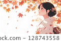 身著和服、背景為秋葉的可愛側面女性，插圖素材，AI 生成的圖像 128743558