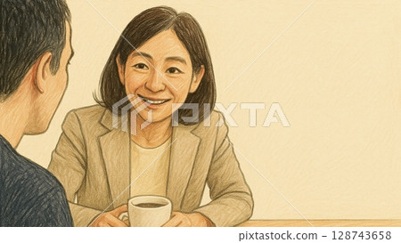 A Japanese female counselor listening to a man's troubles with a calm smile (16:9 horizontal banner illustration copy space) 128743658