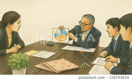 Japanese boss and subordinates looking at documents and giving explanations at a meeting (16:9 horizontal banner illustration) 128743659