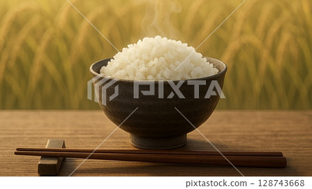 Harvested rice and a large bowl of rice (16:9 horizontal banner) 128743668