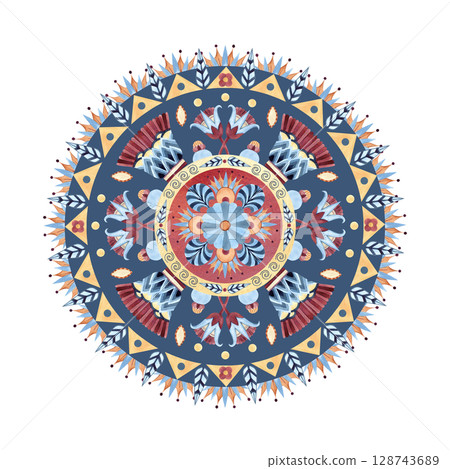 Ancient arabesque of indigenous peoples. Round circle ornament, border, frame. Geometric patterns, sacred lotus. Watercolor isolated illustration. Folklore ornate, African, Egyptian, Persian culture 128743689