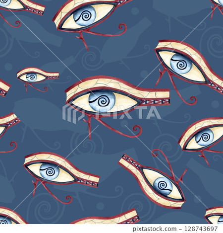 Eye of Horus seamless pattern. Egyptian ornament wadjet, isolated on dark blue background. Ancient religion symbol. Watercolor icon illustration for textile, decorative items, souvenir product design 128743697