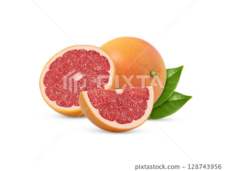 Whole grapefruit and cut in a half and a slice isolated with green leaf. Grapefruits and green leaves with clipping path. Whole grapefruit and cut in a half and a slice isolated with green leaf. Grapefruits and green leaves with clipping path. 128743956