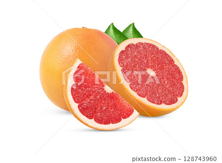 Ripe grapefruit and cut in a half isolated with standing grapefruit slice. Grapefruit with leaf cut out. Ripe grapefruit and cut in a half isolated with standing grapefruit slice. Grapefruit with leaf cut out. 128743960
