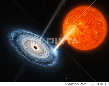 黑洞吞噬大質量恆星的圖像（人工智慧產生的圖像） 128744091